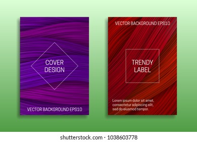 Cover templates with volumetric colored curls. Trendy brochure or packaging backgrounds in purple and red shades.