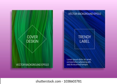 Cover templates with volumetric colored curls. Trendy brochure or packaging backgrounds in green and blue shades.