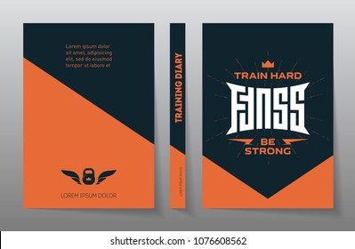 Cover of the training diary. Fitness - original lettering. A4 Brochure design template, vector. Flyers report. Magazine poster with motivational slogans.