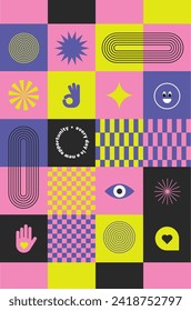 Cover with Trendy stickers Y2k. Checker board print Retro elements. Flat design. Bright colors and funky typography. Contrasting, zine aesthetic. Vectored shapes, retro vibes. Hand, eye and smile.