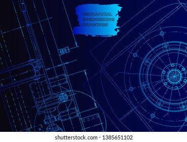 Cover. Vector engineering drawings. Mechanical instrument making. Blue neon. Technical