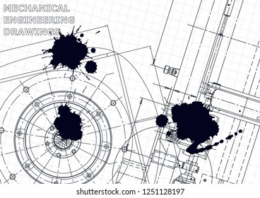 Cover. Vector engineering illustration. Blueprint, flyer, banner, background. Black Ink. Blots. Mechanical engineering drawing. Technical