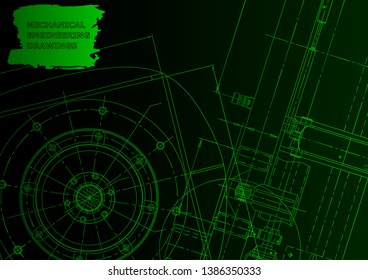 Cover. Vector engineering illustration. Blueprint, flyer, banner, background. Green neon. Mechanical