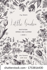 Cover with vector flowers and herbs. Botanical card. Black-white illustration.