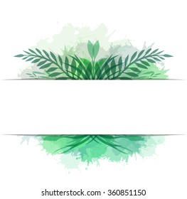 Cover with vector leaves, plants and herbs with watercolor splashes and with space for text for your creativity