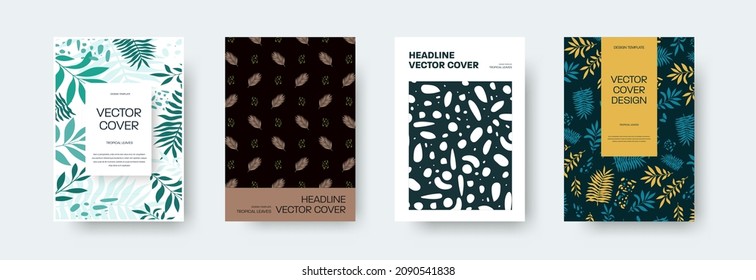 Cover with vector tropical leaves, abstract large, small elements, color design for notebook, book, wall decor, paintings, frames. Creative booklet template, brochures for business concept. Set