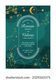 Cover for wedding invitation. Background with gilded shining pattern with stars, constellation and template text. Festive watercolor design for brochures and flyers. Cartoon flat vector illustration