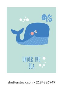 Cover with whale. Poster or banner for website with representatives of underwater world. Fauna and marine animals. Stylish design for greeting postcard. Sea and ocean. Cartoon flat vector illustration