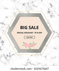 Cover white marble or stone texture and silver foil texture. Trendy luxury geometric poster. Template for designs, banner, card, flyer, invitation, party, birthday, wedding, online shop