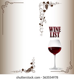 Cover for wine list with bunch of grapes, grape leaves, glass of red wine. 