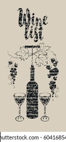 Cover for a wine list menu with a bottle, a glass and a bunch of grapes
