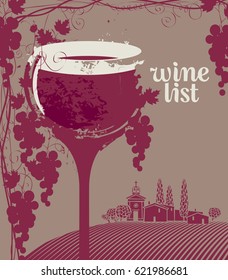 Cover for a wine list menu with glass, bunch of grapes and landscape of vineyards and village