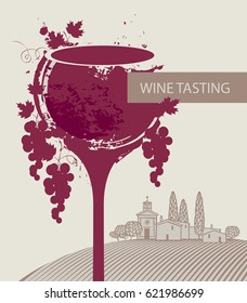 Cover for a wine tasting menu with glass, bunch of grapes and landscape of vineyards and village