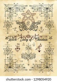 Cover for Witch diary of shadows with sacred geometry and esoteric symbols and signs. Magic wiccan old book with occult illustration, mystic vector background