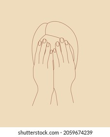 Cover your face with your hands. Crying girl logo. Template for use in design, textiles, books, packaging. Vector linear illustration
