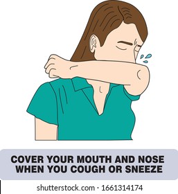 Cover Your Mouth And Nose With Arm When Cough Or Sneeze. Woman Vector Warning Sign About Cough And Sneeze. Coronavirus Protection Sign. Woman With Runny Nose And Sneezing. Protection Against Viruses 