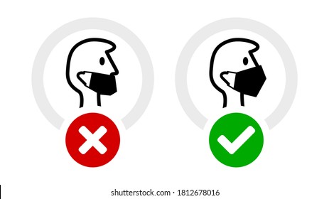 Cover Your Mouth and Nose Properly Sign Showing How to Wear a Face Mask Wrong and Right. Vector Image.