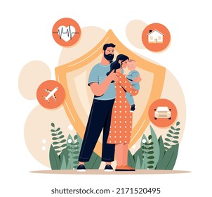 Coverage accident and assurance plan concept. Family with parents and child stands next to shield. Life, health, real estate and car insurance. Property protection. Cartoon flat vector illustration