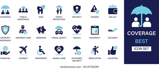 Coverage icon set collection. Public assistance, oral, family protection, security, danger, wallet, property insurance, reserve, health, maternity and best solid icon set.