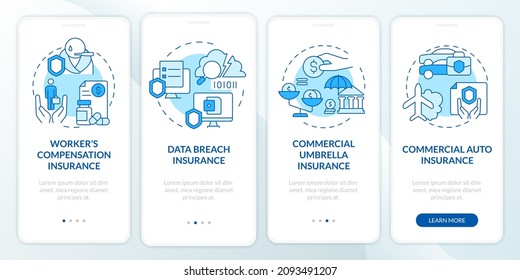 Coverage types blue onboarding mobile app screen. Assurance walkthrough 4 steps graphic instructions pages with linear concepts. UI, UX, GUI template. Myriad Pro-Bold, Regular fonts used