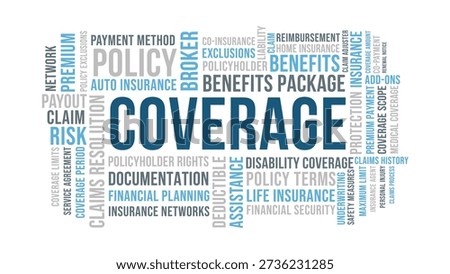 Coverage Word Cloud Coverage, Insurance Policy Benefits Typography White Background