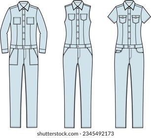 Coverall jumpsuit flat sketch. Denim overall apparel design. Women CAD mockup. Front view. Fashion technical drawing template. Vector illustration.