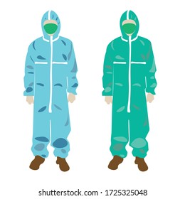 Coverall protective suit medical personnel in protective coveralls. Person wearing protective suits and coverall.