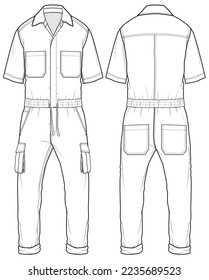 Coveralls  flat sketch fashion illustration technical drawing with front and back view, Short sleeve Overalls safety uniform technical drawing sketch vector template