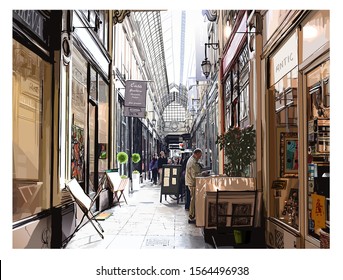 Covered arcade in Paris - vector illustration (Ideal for printing on fabric or paper, poster or wallpaper, house decoration) all ads are fictitious