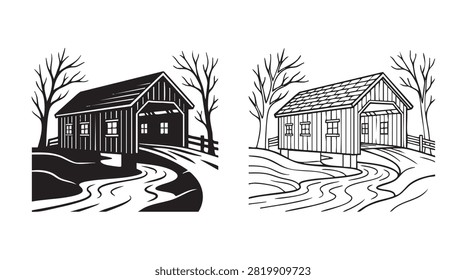 covered bridge black silhouette and outline art vector icon with autumnal trees and stream