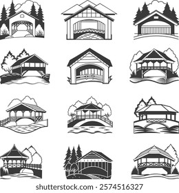 Covered Bridge Collection, Covered Bridge Vector Icons, Covered Bridges Illustrations Silhouette