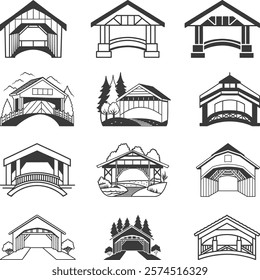 Covered Bridge Collection, Covered Bridge Vector Icons, Covered Bridges Illustrations Silhouette