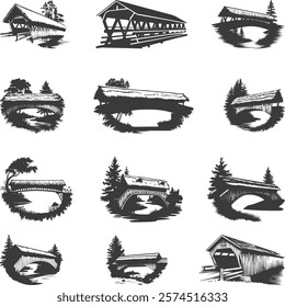 Covered Bridge Collection, Covered Bridge Vector Icons, Covered Bridges Illustrations Silhouette