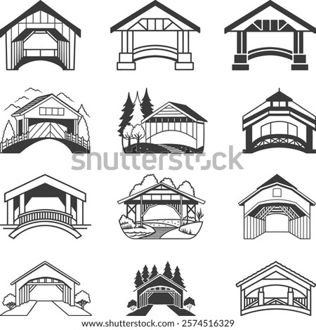 Covered Bridge Collection, Covered Bridge Vector Icons, Covered Bridges Illustrations Silhouette