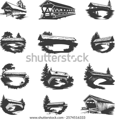 Covered Bridge Collection, Covered Bridge Vector Icons, Covered Bridges Illustrations Silhouette