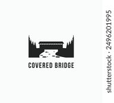 Covered bridge with rock and trees logo vector illustration