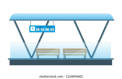 Covered Bus stop with a table of arrival and departure of transport, benches for passengers. Vector. Flat style.