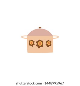 Covered cooking pot with flower decor in flat cartoon style, vector illustration isolated on white background. Lidded saucepan or casserole pot, kitchen utensil for making hot dishes
