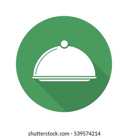 Covered dish flat design long shadow icon. Restaurant food serving dish platter with lid. Vector silhouette symbol