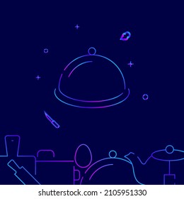 Covered dish gradient line vector icon, simple illustration on a dark blue background, kitchen related bottom border.