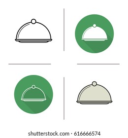 Covered dish icon. Flat design, linear and color styles. Restaurant food serving dish platter with lid. Isolated vector illustrations