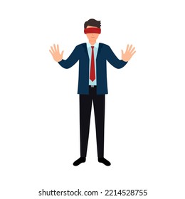 Covered eye. Blindfolded with red cloth. Businessman or manager standing blind before a choice.