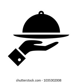 covered food tray on a hand of hotel room service vector icon