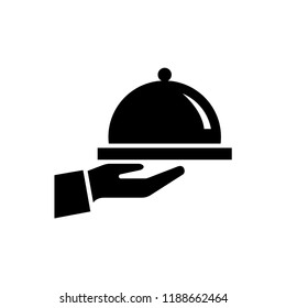 Covered food tray on a hand of hotel room service vector icon