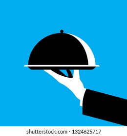 Covered food tray on a hand of service. Restaurant cloche. Vector illustration