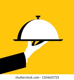 Covered food tray on a hand of service. Restaurant cloche. Vector illustration