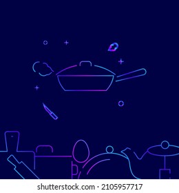 Covered frying pan gradient line vector icon, simple illustration on a dark blue background, kitchen related bottom border.