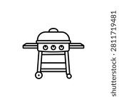 Covered gas barbecue grill on wheels with side shelves, control knobs and lower rack for convenient outdoor cooking, black and white outline vector