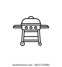 Covered gas barbecue grill on wheels with side shelves, control knobs and lower rack for convenient outdoor cooking, black and white outline vector