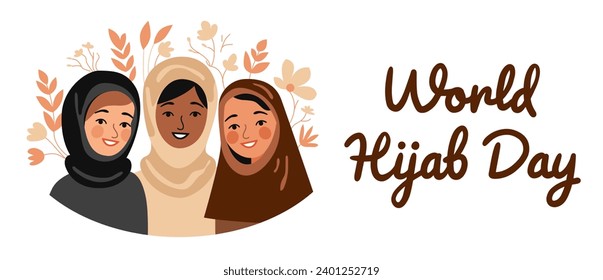 Covered girls in hijab holding flowers. International Hijam Day. Three Muslim women are smiling. Flat, cartoon, vector.